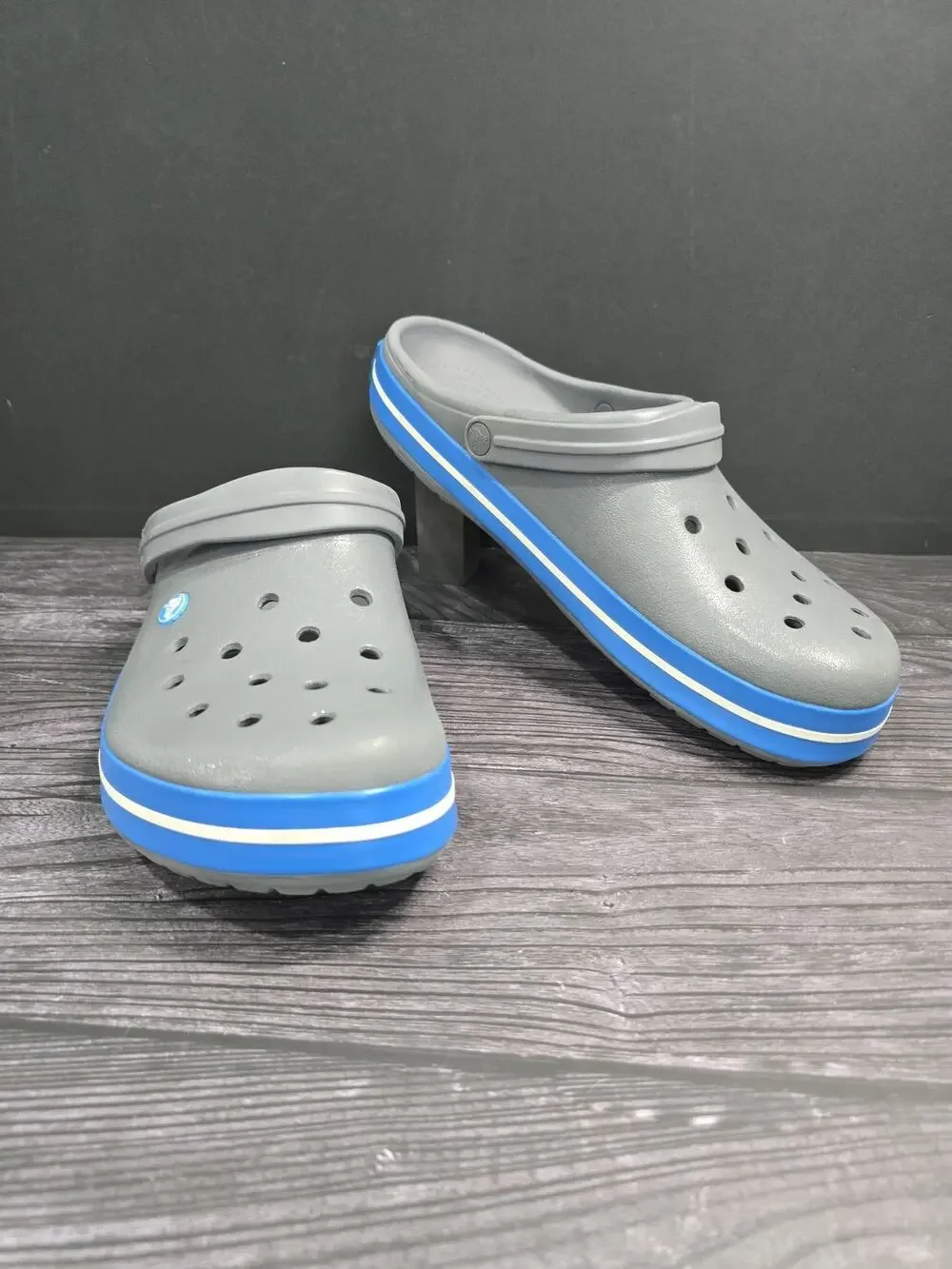 Crocs Crocband Clogs Charcoal Grey Ocean Blue Stripe Men's Size 12 EUC Comfort